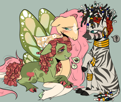 Size: 1010x854 | Tagged: safe, artist:zowwyroo, imported from derpibooru, fluttershy, tree hugger, zecora, earth pony, pegasus, pony, zebra, african, blue background, blushing, box braids, braid, butterfly wings, cloven hooves, dreadlocks, ear piercing, earring, female, flutterhugger, jewelry, leg rings, lesbian, neck rings, piercing, polyamory, shipping, shycora, shycorahugger, simple background, trio, trio female, unshorn fetlocks, wings, zecorahugger