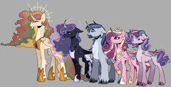 Size: 2548x1295 | Tagged: safe, artist:zowwyroo, imported from derpibooru, princess cadance, princess celestia, princess flurry heart, princess luna, shining armor, alicorn, pony, unicorn, alternate design, beard, chest fluff, cloven hooves, concave belly, curved horn, facial hair, folded wings, gray background, halo, height difference, hoof shoes, horn, horn ring, jewelry, male, older, older flurry heart, pale belly, physique difference, raised hoof, regalia, ring, simple background, slim, thin, tiara, trans male, transgender, unshorn fetlocks, wings