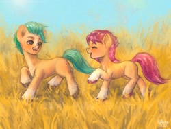 Size: 2048x1536 | Tagged: safe, artist:hirichie, imported from derpibooru, hitch trailblazer, sunny starscout, earth pony, pony, duo, duo male and female, eyes closed, female, g5, male, mare, shipping, smiling, stallion, straight, sunnyhitch