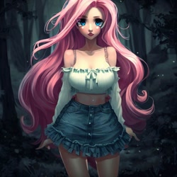 Size: 900x900 | Tagged: safe, imported from derpibooru, fluttershy, human, equestria girls, legend of everfree, ai content, ai generated, big breasts, blushing, breasts, busty fluttershy, clothes, denim, denim skirt, female, forest, generator:stable diffusion, humanized, looking at you, midriff, night, skirt, solo, standing, wrong eye color