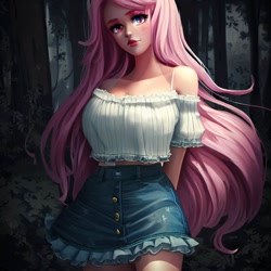 Size: 900x900 | Tagged: safe, imported from derpibooru, fluttershy, human, equestria girls, legend of everfree, ai content, ai generated, arm behind back, clothes, denim, denim skirt, female, forest, frills, generator:stable diffusion, humanized, looking at you, miniskirt, night, skirt, solo, standing, wrong eye color