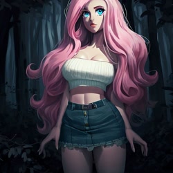 Size: 900x900 | Tagged: safe, imported from derpibooru, fluttershy, human, ai content, ai generated, bare shoulders, big breasts, breasts, busty fluttershy, cleavage, clothes, denim, denim skirt, forest, generator:stable diffusion, humanized, midriff, miniskirt, night, skirt, solo, standing, strapless, tube top, wrong eye color