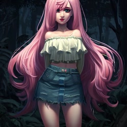 Size: 900x900 | Tagged: safe, imported from derpibooru, fluttershy, human, equestria girls, legend of everfree, ai content, ai generated, bare shoulders, clothes, denim, denim skirt, female, forest, frills, generator:stable diffusion, humanized, looking at you, midriff, miniskirt, night, skirt, solo, standing, strapless