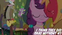 Size: 2000x1125 | Tagged: safe, edit, edited screencap, editor:quoterific, imported from derpibooru, screencap, big macintosh, discord, spike, sugar belle, dragon, the big mac question, apple, food, pear tree, pie, tree, winged spike, wings