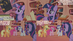 Size: 2000x1125 | Tagged: safe, edit, edited screencap, editor:quoterific, imported from derpibooru, screencap, applejack, pinkie pie, rarity, twilight sparkle, earth pony, pegasus, pony, unicorn, dragonshy, season 1, book, golden oaks library, unicorn twilight