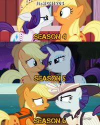 Size: 2458x3072 | Tagged: safe, edit, edited screencap, editor:itsmgh1203, imported from derpibooru, screencap, applejack, rarity, earth pony, pony, unicorn, made in manehattan, ppov, season 4, season 5, season 6, simple ways, applejack's hat, cowboy hat, duo, duo female, female, frown, hat, mare, night, open mouth, shipping fuel, smiling, sweet apple acres, text