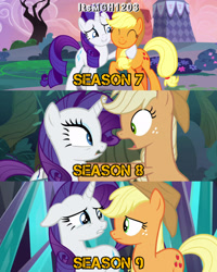 Size: 2458x3072 | Tagged: safe, edit, edited screencap, editor:itsmgh1203, imported from derpibooru, screencap, applejack, mean applejack, rarity, earth pony, pony, unicorn, honest apple, season 7, season 8, season 9, the beginning of the end, the mean 6, ^^, applejack's hat, clone, cowboy hat, crying, cute, duo, duo female, eyes closed, female, floppy ears, frown, hat, hug, jackabetes, mare, open mouth, shipping fuel, smiling, sunset, text