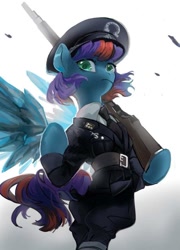 Size: 647x900 | Tagged: safe, artist:tingsan, imported from derpibooru, pegasus, semi-anthro, bipedal, clothes, gun, solo, spread wings, uniform, uniform hat, weapon, wings