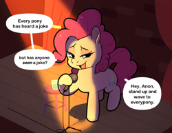 Size: 1671x1293 | Tagged: artist needed, safe, imported from derpibooru, pinkie pie, oc, oc:anon, earth pony, pony, 4chan, burn, comedy, dialogue, drawthread, insult, joke, microphone, sick burn, smug, speech bubble, stage