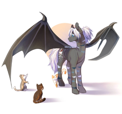 Size: 1608x1497 | Tagged: safe, artist:momoalistair, imported from derpibooru, oc, oc only, bat pony, cat, pony, piercing, shadow, simple background, solo, spread wings, white background, wings