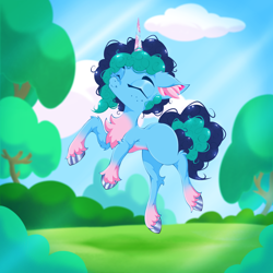 Size: 2500x2500 | Tagged: safe, artist:rurihal, imported from derpibooru, pony, unicorn, chest fluff, cute, ear fluff, eyes closed, female, freckles, g5, happy, leaping, leg fluff, mare, misty brightdawn, mistybetes, outdoors, smiling, solo, tree, unshorn fetlocks