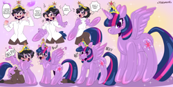 Size: 3400x1715 | Tagged: safe, artist:natsumera, imported from derpibooru, twilight sparkle, oc, alicorn, human, inflatable pony, big crown thingy, commission, crown, crying, dialogue, element of magic, emanata, fetish, gradient background, high res, human oc, human to pony, inanimate tf, inflatable, inflatable fetish, inflatable toy, inflation, jewelry, latex, latex fetish, male to female, muffled words, open mouth, panic, pool toy, pvc, regalia, rubber, rule 63, sequence, shadow, signature, simple background, sparkles, speech bubble, sweat, sweatdrops, swirly eyes, teary eyes, transformation, transformation sequence, transgender transformation, twilight sparkle (alicorn)