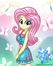 Size: 1080x1335 | Tagged: safe, alternate version, artist:rjp.rammy, imported from derpibooru, fluttershy, butterfly, human, equestria girls, equestria girls series, bare shoulders, blushing, breasts, clothes, cute, cutie mark on clothes, female, hairpin, looking at you, reasonably sized breasts, shyabetes, signature, sleeveless, smiling, smiling at you, solo