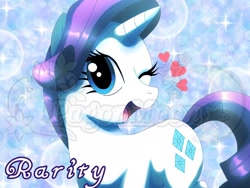Size: 1024x768 | Tagged: safe, artist:pagonmoon, imported from derpibooru, rarity, pony, unicorn, abstract background, big honkin' watermark in the middle of everything, heart, one eye closed, solo, wink