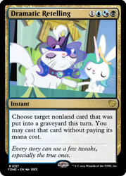 Size: 375x523 | Tagged: safe, edit, imported from derpibooru, angel bunny, opalescence, princess celestia, princess luna, cat, rabbit, testing testing 1-2-3, angelestia, animal, ccg, clothes, costume, crown, jewelry, magic the gathering, opaluna, regalia, stage, trading card, trading card edit, trading card game, wig