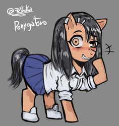 Size: 850x900 | Tagged: safe, artist:backhoka, imported from derpibooru, earth pony, pony, anime, blushing, clothes, don't toy with me miss nagatoro, female, gray background, mare, nagatoro, ponified, raised hoof, shoes, simple background, skirt, smiling, solo