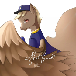 Size: 1080x1080 | Tagged: safe, artist:0x1_loml, imported from derpibooru, pegasus, pony, blonde, clothes, female, forced meme, hat, looking at you, mare, red eyes, shitfuck meme, simple background, solo, spread wings, swift reply, uniform, vulgar, white background, wings