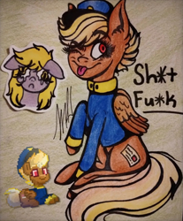 Size: 1080x1306 | Tagged: safe, artist:_.fairy.skeleton._, imported from derpibooru, derpy hooves, pegasus, pony, pony town, :c, ;p, blonde, clothes, duo, female, floppy ears, forced meme, frown, hat, mare, one eye closed, raised hoof, red eyes, shitfuck meme, simple background, sitting, solo focus, swift reply, teary eyes, text, tongue out, traditional art, uniform, vulgar, wings, wink