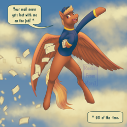 Size: 3849x3848 | Tagged: safe, artist:rocketfrommars1, imported from derpibooru, pegasus, pony, blonde, clothes, cloud, female, flying, hat, letter, mail, mare, red eyes, signature, sky background, smiling, speech bubble, spread wings, swift reply, uniform, wings