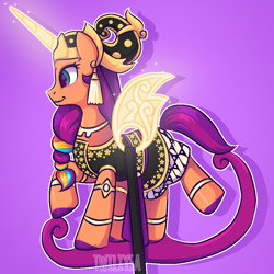 Size: 900x900 | Tagged: safe, artist:twiliysa, imported from derpibooru, sunny starscout, alicorn, pony, female, g5, indonesia, purple background, race swap, simple background, solo, sunnycorn, wayang