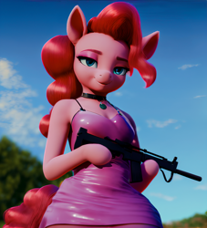 Size: 1392x1536 | Tagged: safe, imported from derpibooru, pinkie pie, anthro, 3d, ai assisted, ai content, choker, clothes, dress, eyeshadow, female, gun, jewelry, makeup, necklace, prompter:saphkey, rifle, shiny clothing, solo, weapon