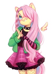 Size: 755x1038 | Tagged: safe, artist:melodylibris, imported from derpibooru, fluttershy, anthro, pegasus, blushing, choker, clothes, cute, draw this in your style, dtiys emoflat, ear blush, evening gloves, female, fingerless elbow gloves, fingerless gloves, fishnets, floating wings, gloves, grin, hair over one eye, hands together, head tilt, jacket, long gloves, looking up, mare, plaid skirt, shyabetes, simple background, skirt, smiling, solo, spiked choker, striped gloves, white background, wings