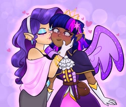 Size: 2048x1736 | Tagged: safe, artist:indigohatetrain, imported from derpibooru, rarity, twilight sparkle, human, crown, dark skin, duo, elf ears, female, horn wand, humanized, jewelry, lesbian, rarilight, regalia, shipping, winged humanization, wings