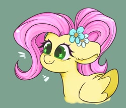 Size: 2017x1723 | Tagged: safe, artist:indigohatetrain, imported from derpibooru, fluttershy, pegasus, pony, alternate hairstyle, cute, female, flower, flower in hair, green background, shyabetes, simple background, solo