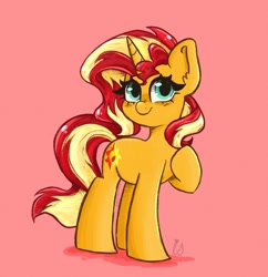 Size: 1748x1804 | Tagged: safe, artist:indigohatetrain, imported from derpibooru, sunset shimmer, pony, unicorn, cute, female, pink background, simple background, solo