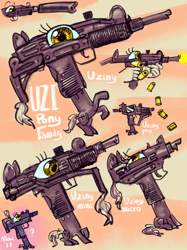 Size: 3500x4667 | Tagged: safe, artist:ja0822ck, imported from derpibooru, gun pony, object pony, original species, pony, bullet casing, gun, my little x, not salmon, ponified, rule 85, submachinegun, suppressor, uzi, wat, weapon, what has science done