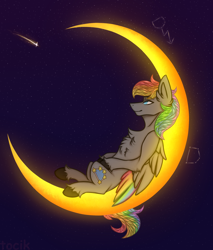 Size: 1770x2082 | Tagged: safe, artist:tocik, imported from derpibooru, oc, oc:dark rainbow, pegasus, pony, commission, constellation, cute, dreamworks, male, moon, pegasus oc, shooting star, stallion, stars, tangible heavenly object, transparent moon, ych result