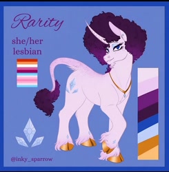Size: 1430x1460 | Tagged: safe, artist:inky_sparrow, imported from derpibooru, rarity, classical unicorn, unicorn, afro, alternate design, alternate hairstyle, cloven hooves, color palette, crystal, cutie mark, diamond, female, gold, horn, jewelry, leonine tail, lesbian, lesbian pride flag, necklace, pride, pride flag, pronouns, raised hoof, signature, solo, tail, transgender pride flag, unshorn fetlocks
