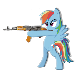 Size: 900x915 | Tagged: artist needed, safe, imported from derpibooru, rainbow dash, pegasus, pony, ak-74, gun, simple background, solo, spread wings, standing on two hooves, transparent background, weapon, wings