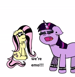 Size: 2007x2067 | Tagged: safe, artist:realjoel_456, imported from derpibooru, fluttershy, twilight sparkle, pegasus, pony, unicorn, duo, emo, emo twilight, emoshy, meme, original art, redraw, simple background, we're emo, white background