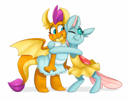 Size: 3894x3046 | Tagged: safe, artist:luximus17, imported from derpibooru, ocellus, smolder, changedling, changeling, dragon, blushing, changeling x dragon, clothes, commission, cute, diaocelles, dragoness, dress, female, hug, interspecies, lesbian, one eye closed, shipping, simple background, smolcellus, smolderbetes, white background