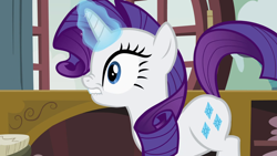 Size: 1920x1080 | Tagged: safe, imported from derpibooru, screencap, rarity, pony, unicorn, season 2, sisterhooves social, female, glowing, glowing horn, horn, lip bite, magic, magic aura, mare, nose wrinkle, solo