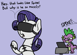 Size: 2048x1448 | Tagged: safe, artist:ewoudcponies, imported from derpibooru, rarity, spike, dragon, pony, unicorn, computer, duo, female, male, offscreen character, purple background, simple background, virtual reality