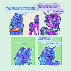 Size: 2047x2048 | Tagged: safe, artist:pastacrylic, imported from derpibooru, starlight glimmer, trixie, pony, unicorn, butt, colored, comic, drink, drinking, drugs, female, glimmer glutes, high, humor, lesbian, plot, shipping, startrix, vulgar
