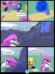 Size: 7500x10000 | Tagged: safe, artist:chedx, imported from derpibooru, twilight sparkle, alicorn, pony, comic:learning with pibby glitch battles, comic, commission, crossover, female, fight, male, multiverse, pibby, sonic the hedgehog, sonic the hedgehog (series), spongebob squarepants, spongebob squarepants (character), twilight sparkle (alicorn)