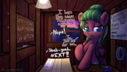 Size: 4096x2304 | Tagged: safe, artist:darbedarmoc, imported from derpibooru, oc, oc only, oc:melon heart, pegasus, pony, fallout equestria, blushing, cap, chalk, dialogue, hat, lamp, mail, nails, package, post office, sign, standing, sunrise, table, tape, two toned mane, window