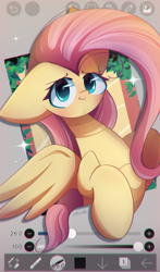 Size: 1350x2300 | Tagged: safe, artist:miryelis, imported from derpibooru, fluttershy, pegasus, pony, big ears, big eyes, breaking the fourth wall, cute, hooves, ibispaint x, leaves, long hair, screen, shyabetes, smiling, solo, wings