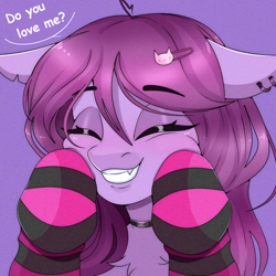 Size: 800x800 | Tagged: safe, artist:munrei, imported from derpibooru, oc, oc only, oc:purple fullmoon, bat pony, blushing, bust, choker, clothes, ear piercing, eyes closed, fangs, gloves, gradient background, hair accessory, male, piercing, portrait, smiling, solo, striped gloves, text