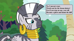 Size: 1280x720 | Tagged: safe, edit, edited screencap, imported from derpibooru, screencap, zecora, comic:my little pony (g1), she talks to angel, g1, g1 to g4, g4, generation leap, implied doom daisies, offscreen character, speech, speech bubble, talking, uh oh