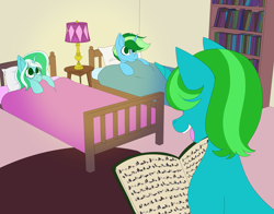 Size: 4200x3300 | Tagged: safe, artist:calamity-studios, imported from derpibooru, oc, oc only, pony, unicorn, bed, book, bookshelf, colt, female, filly, foal, glasses, lamp, male