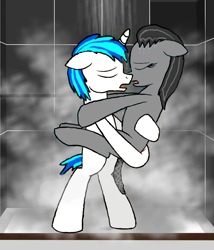 Size: 782x912 | Tagged: safe, alternate version, artist:lekonar13, imported from derpibooru, dj pon-3, octavia melody, vinyl scratch, earth pony, pony, unicorn, bipedal, duo, female, half r63 shipping, kissing, male, mare, pony on pony action, record scrape, rule 63, scrapetavia, scratchtavia, shipping, shower, stallion, stallion on mare, straight, wet, wet mane
