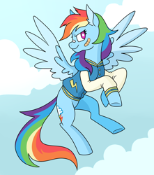 Size: 1280x1451 | Tagged: safe, artist:sicknastyjr, imported from derpibooru, rainbow dash, pegasus, pony, bandaid, cloud, female, flying, jacket, jock, mare, smiling, solo, varsity jacket, white pupils