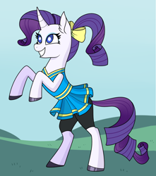 Size: 1280x1451 | Tagged: safe, artist:sicknastyjr, imported from derpibooru, rarity, pony, unicorn, bow, cheerleader, cheerleader outfit, clothes, female, hair bow, mare, rearing, shorts, skirt, smiling, solo, white pupils