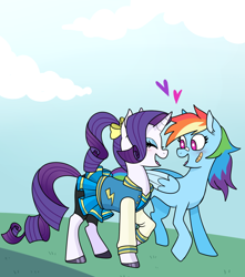 Size: 1280x1451 | Tagged: safe, artist:sicknastyjr, imported from derpibooru, rainbow dash, rarity, pegasus, pony, unicorn, bandage, bow, cheerleader, cheerleader outfit, clothes, duo, female, hair bow, heart, jacket, jock, lesbian, mare, raridash, shipping, skirt, smiling, varsity jacket, white pupils