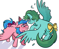 Size: 1280x1062 | Tagged: safe, artist:sicknastyjr, imported from derpibooru, firefly, medley, pegasus, pony, blushing, bow, duo, female, flying, g1, lesbian, looking at each other, looking at someone, mare, medlefly, shipping, simple background, smiling, smiling at each other, tail, tail bow, white background, white pupils