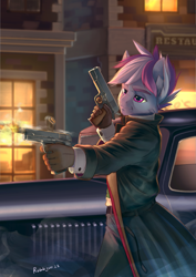 Size: 1527x2160 | Tagged: safe, artist:rublegun, imported from derpibooru, oc, oc only, anthro, building, car, dual wield, fingers, gun, handgun, m1911, male, outdoors, pistol, shooting, solo, town, weapon